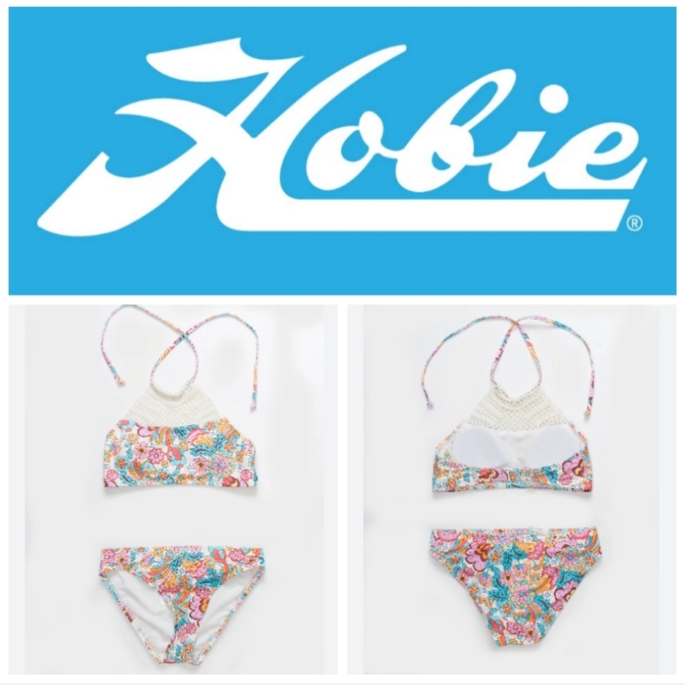 Hobie Girls Crochet Pink and Blue Bikini Set Floral Swimwear. Size 16